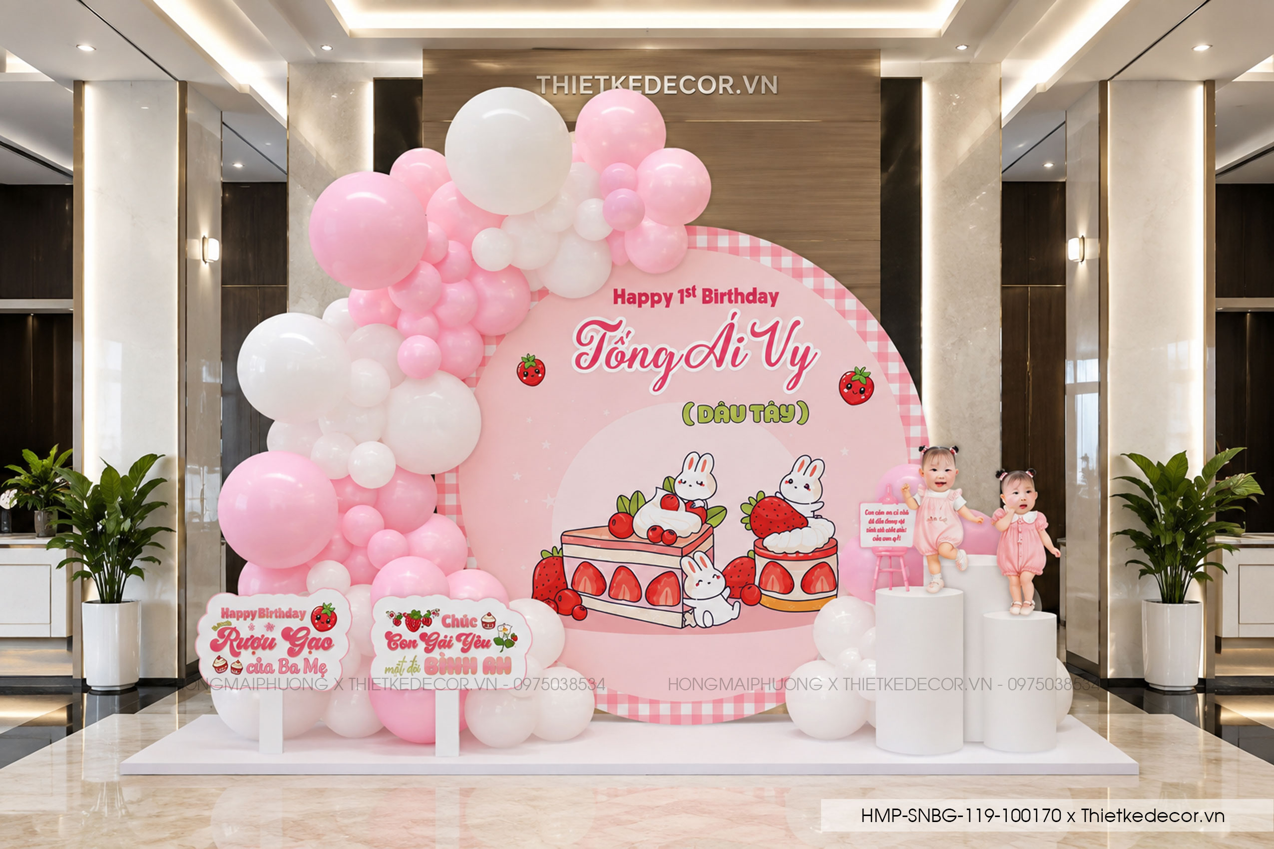 File thiết kế decor trang trí tiệc sinh nhật bé gái mix bướm, bong bóng cute dễ thương đáng yêu tone hồng chủ đề Dâu Tây